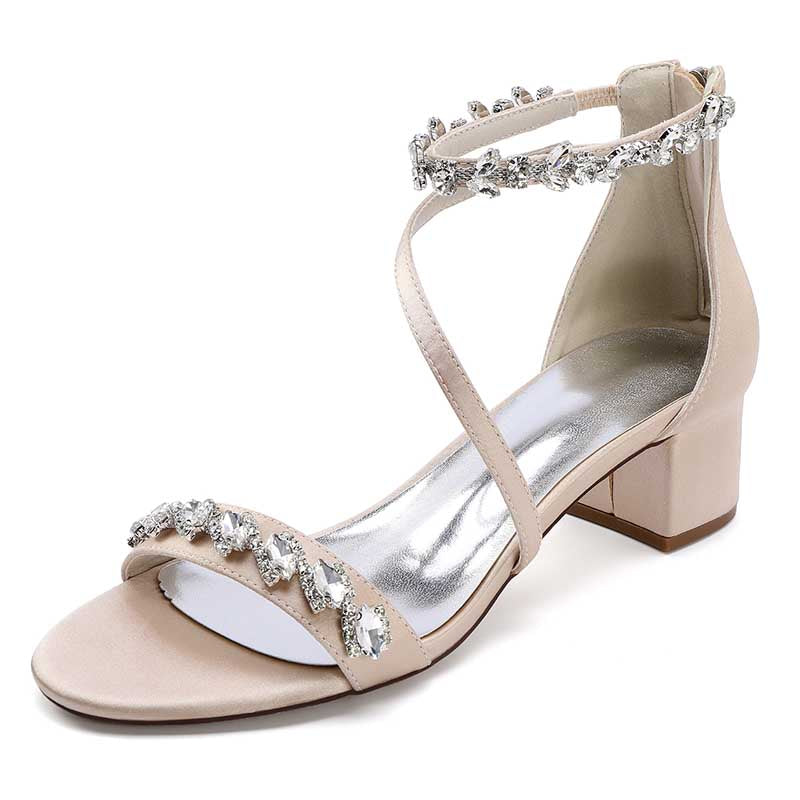 Elegant rhinestone bridal heels with a block heel and delicate ankle strap for weddings