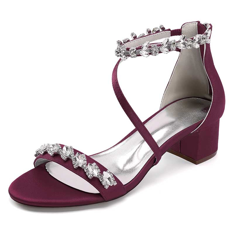 Elegant burgundy rhinestone bridal heels with ankle strap and block heel for special occasions
