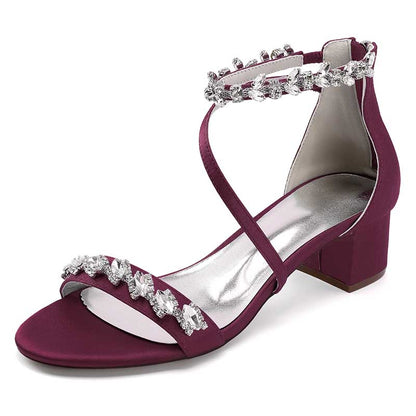 Elegant burgundy rhinestone bridal heels with ankle strap and block heel for special occasions
