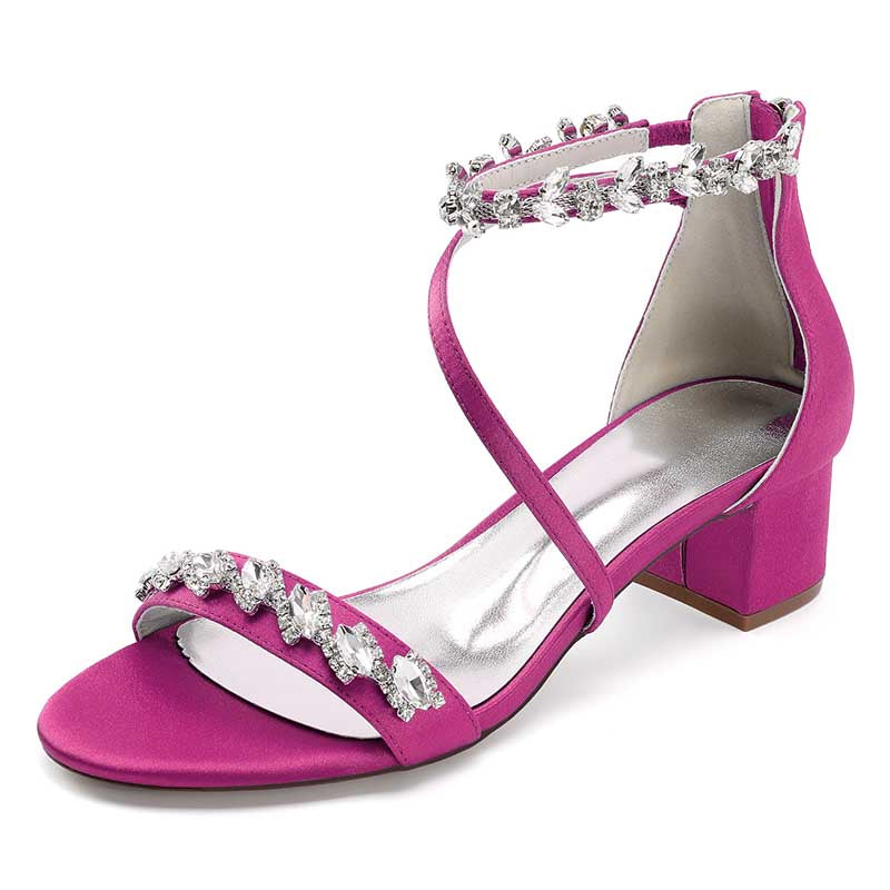 Pink rhinestone bridal heels with ankle strap and block heel for elegant wedding style