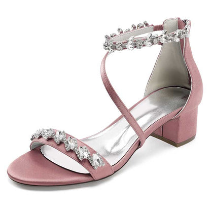 Pink sd-hk rhinestone bridal heels with elegant ankle straps and block heels for weddings