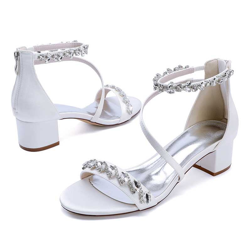 Elegant rhinestone bridal heels in white with a stylish ankle strap and block heel design