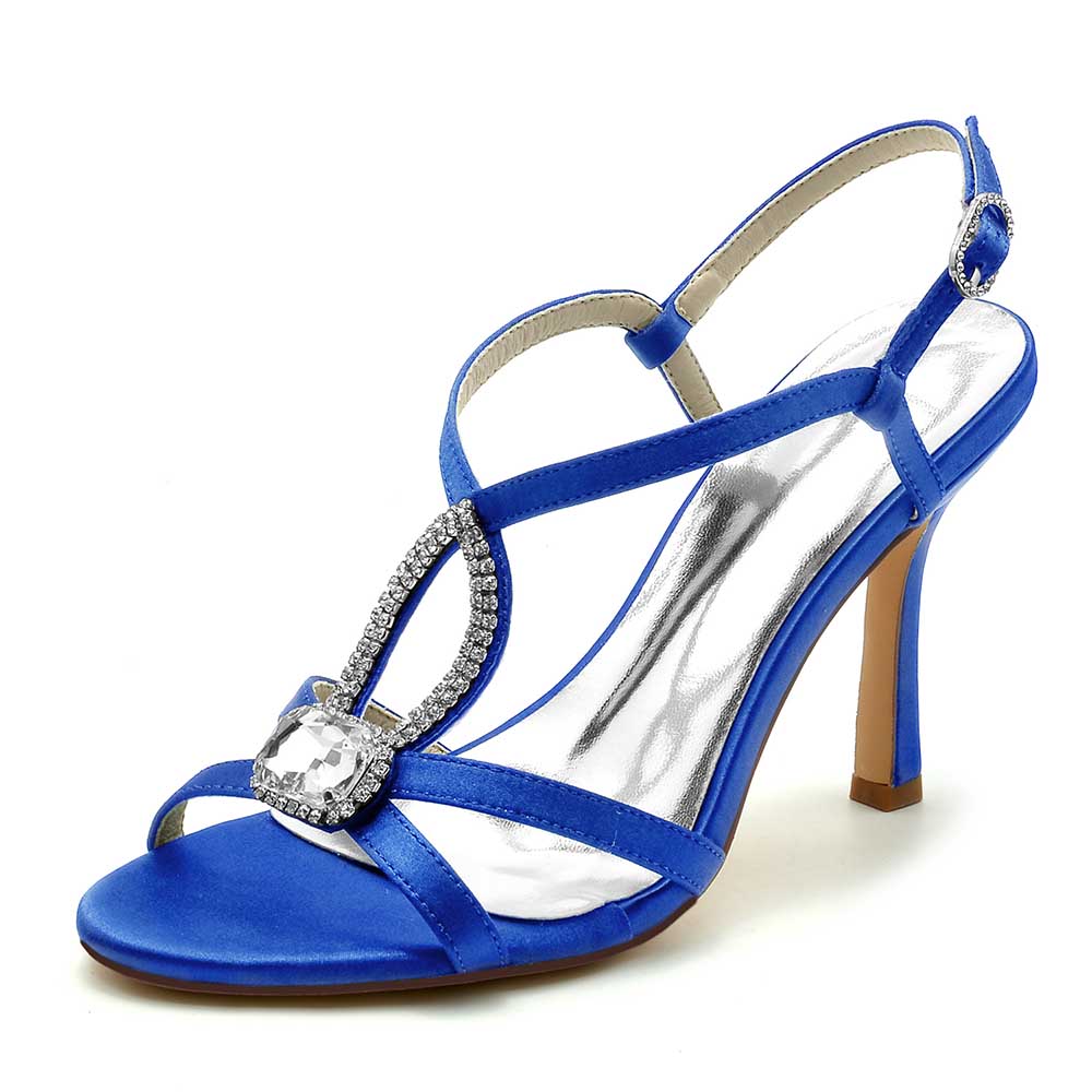 Elegant blue S&DCo. rhinestone bridal high heels with stunning jeweled detail and strappy design