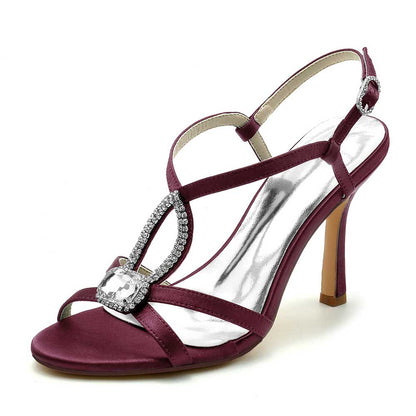 S&DCo. Burgundy Rhinestone Bridal High Heels with Elegant Straps and Glittering Embellishments