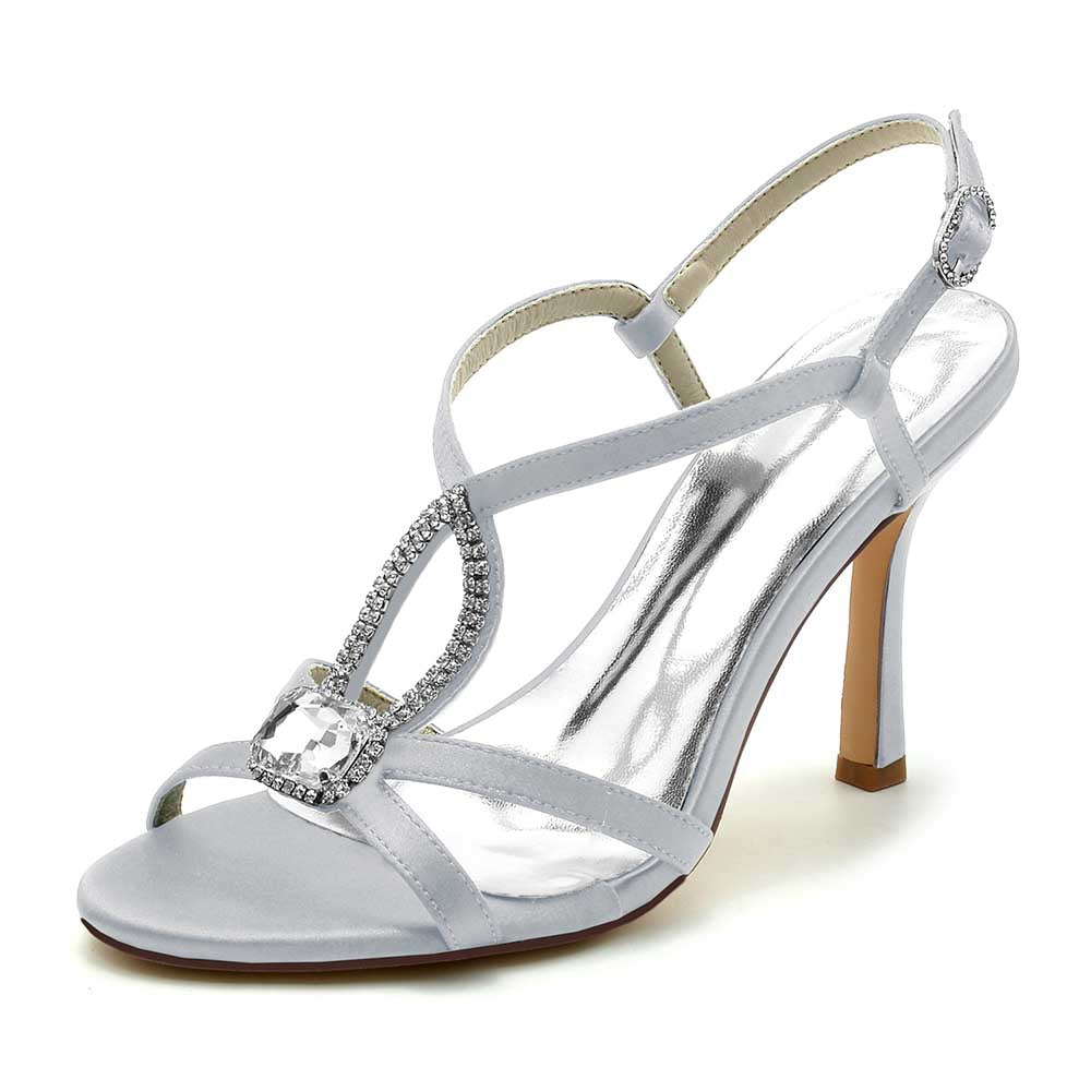 S&DCo. rhinestone bridal high heels in silver with elegant strappy design and a sparkling buckle