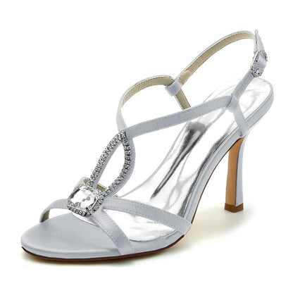 S&DCo. rhinestone bridal high heels in silver with elegant strappy design and a sparkling buckle