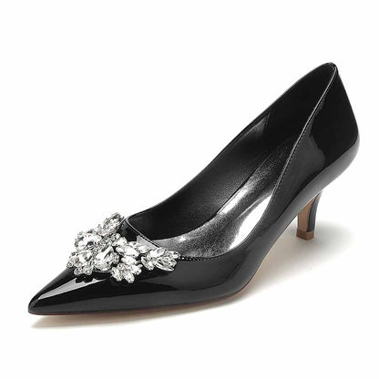 Black patent leather heels with rhinestone embellishments, perfect as rhinestone bridal shoes low heel