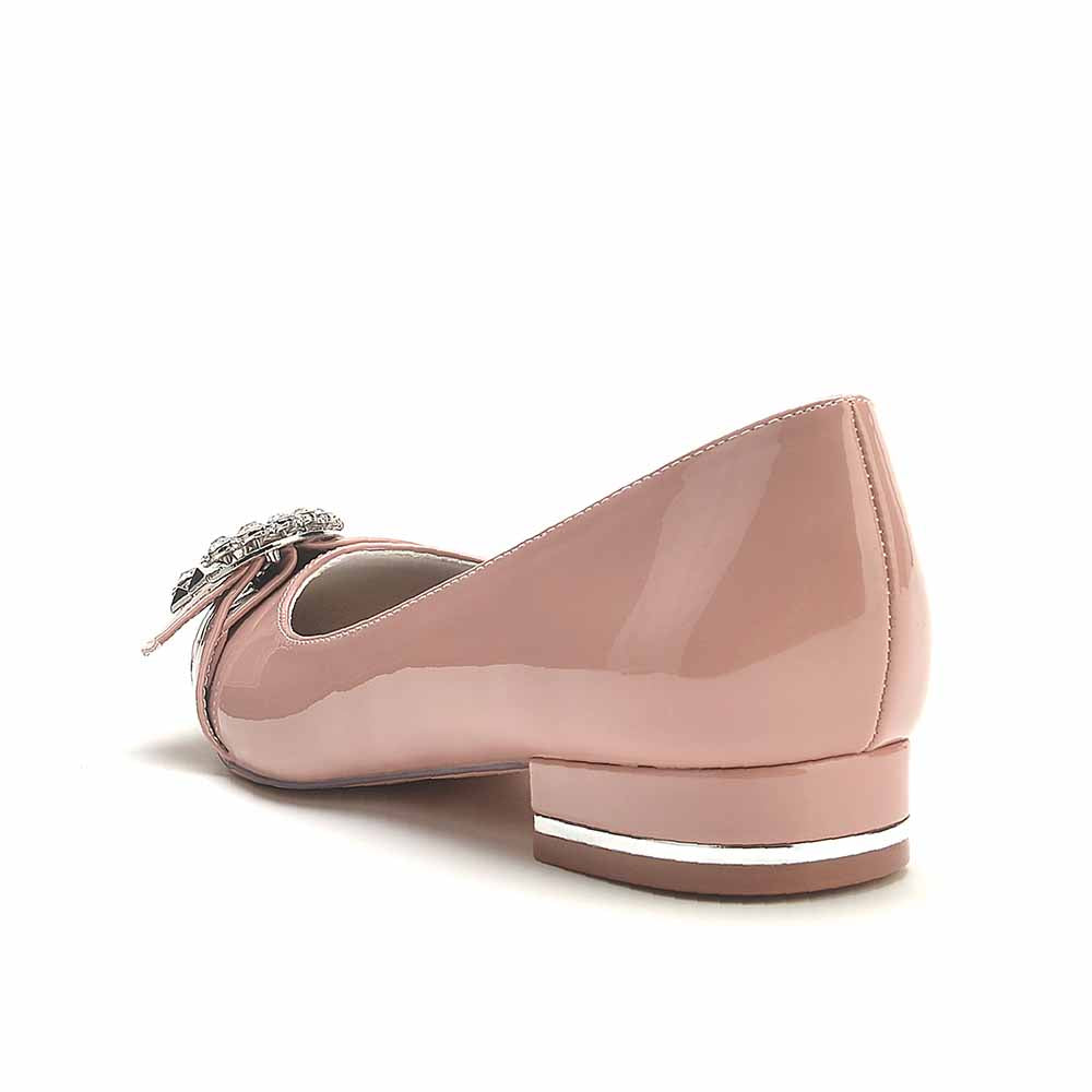 S&DCo. Pink Rhinestone Buckle Dress Shoes with Glossy Finish and Comfortable Low Heel