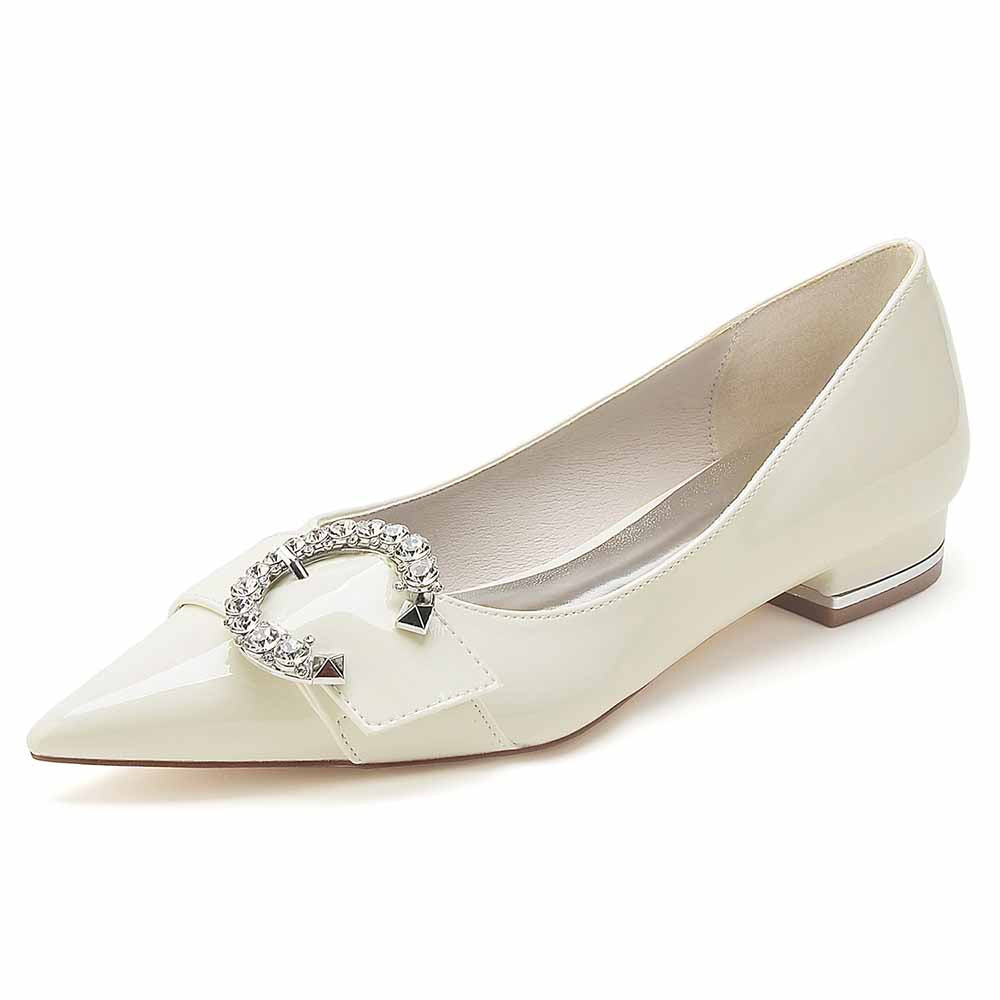 S&DCo. rhinestone buckle dress shoes in white patent leather with pointed toe design