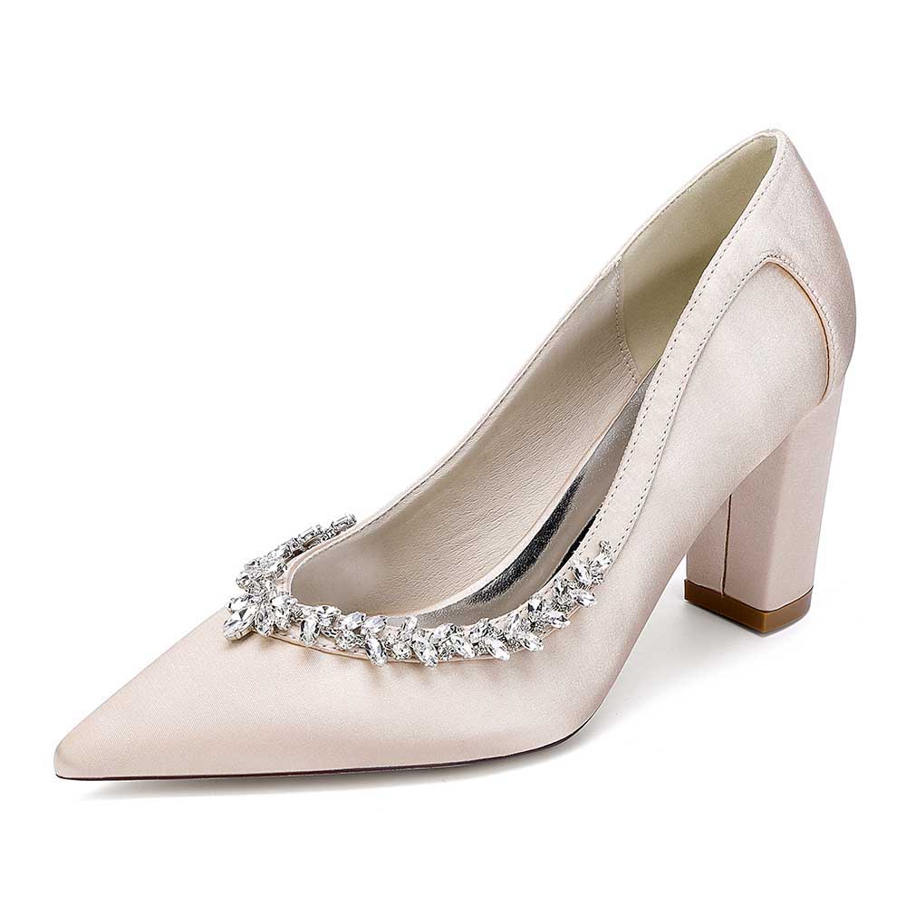 Elegant satin rhinestone chunky heel prom shoes with pointed toe design by S&DCo