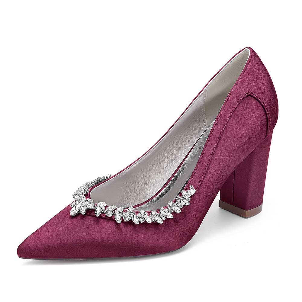 Burgundy rhinestone chunky heel prom shoes with elegant embellishments
