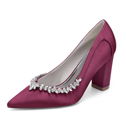 Burgundy rhinestone chunky heel prom shoes with elegant embellishments