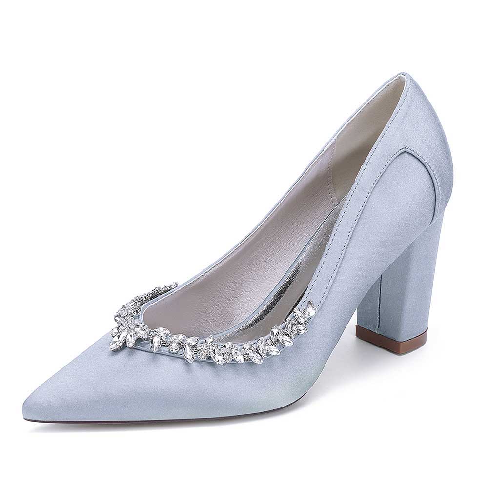 Rhinestone chunky heel prom shoes in light blue with elegant pointed toe design