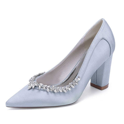 Rhinestone chunky heel prom shoes in light blue with elegant pointed toe design