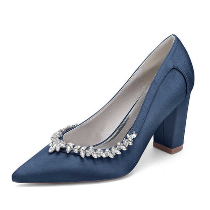 Navy Rhinestone chunky heel prom shoes with elegant pointed toe and embellished neckline