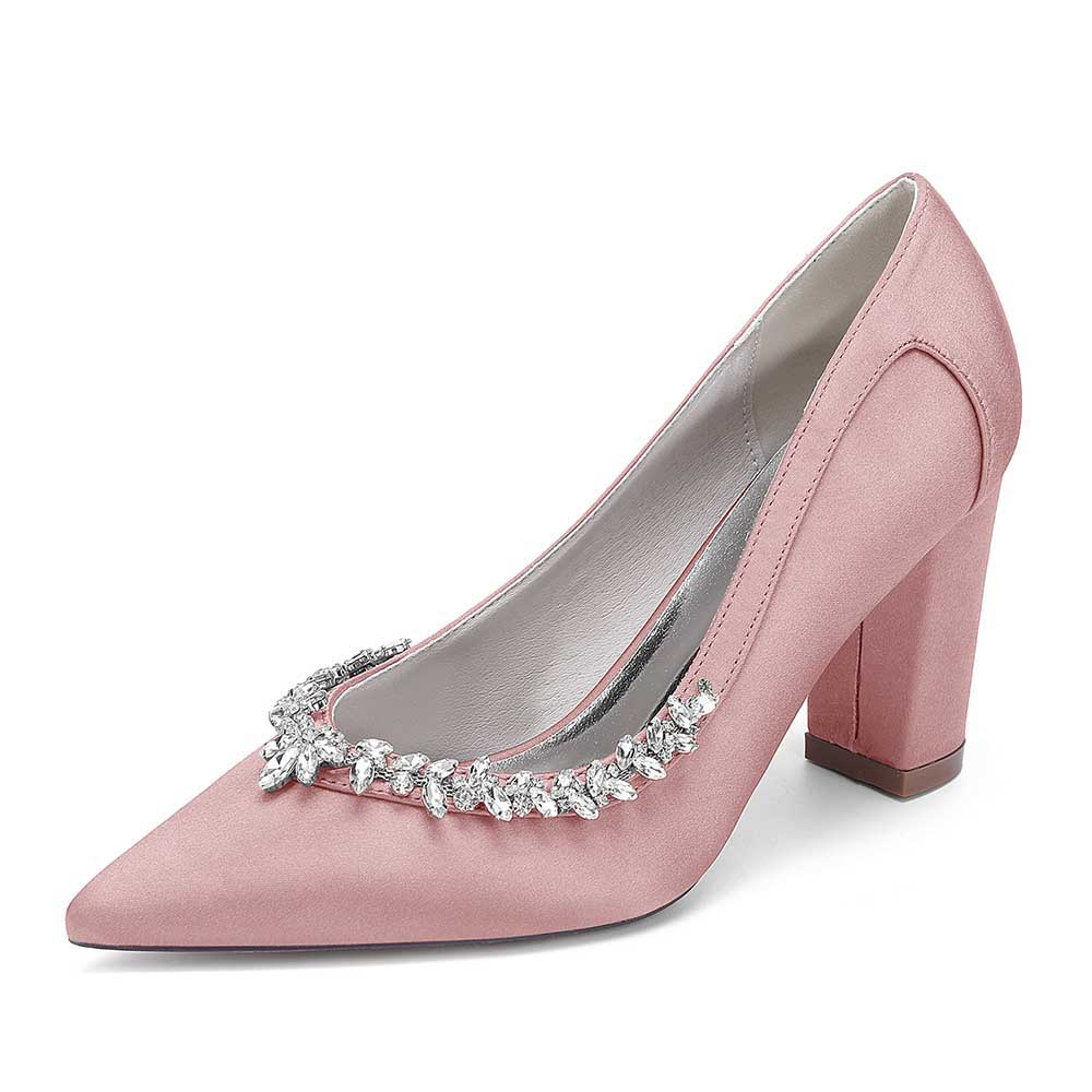 Pink Rhinestone chunky heel prom shoes with elegant embellishment for special occasions