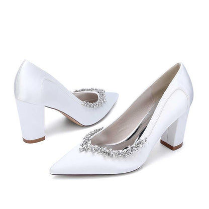 White rhinestone chunky heel prom shoes with elegant design and comfortable fit