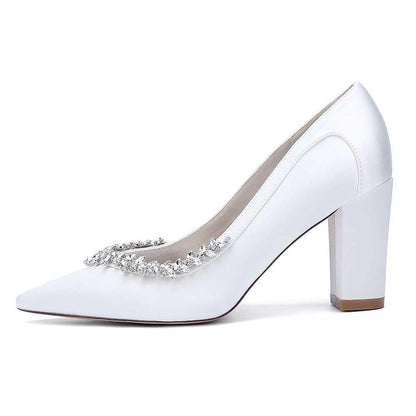 White Rhinestone chunky heel prom shoes with elegant pointed toe design