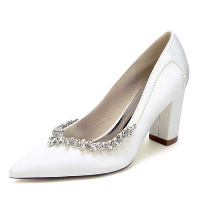 Elegant white satin rhinestone chunky heel prom shoes with decorative embellishments