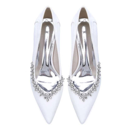 Elegant white rhinestone chunky heel prom shoes with a pointed toe and intricate embellishments