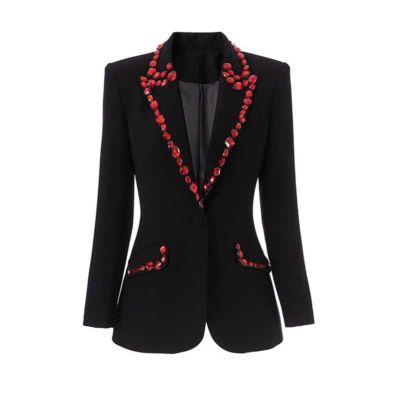 Rhinestone embellished black blazer featuring red accents and a tailored fit for a stylish appearance