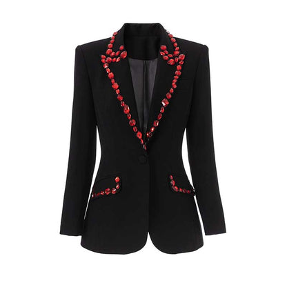 Rhinestone embellished black blazer featuring red accents and a tailored fit for a stylish appearance