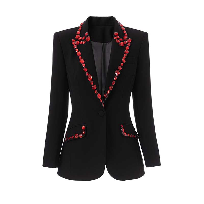 Rhinestone embellished black blazer featuring red accents and a tailored fit for a stylish look