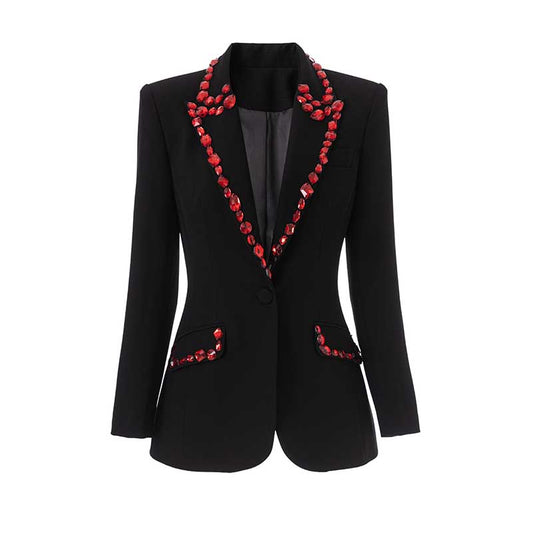 Rhinestone embellished black blazer featuring red accents and a tailored fit for a stylish look