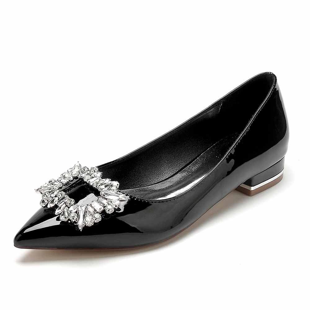 Elegant black rhinestone flats for weddings with a sparkling jeweled buckle detail
