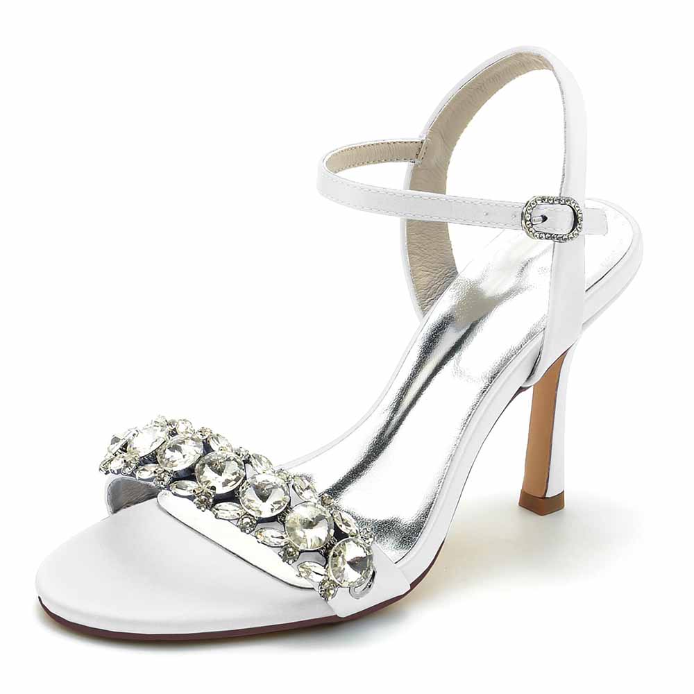 White rhinestone high heel sandals for women with a stylish ankle strap and embellished design