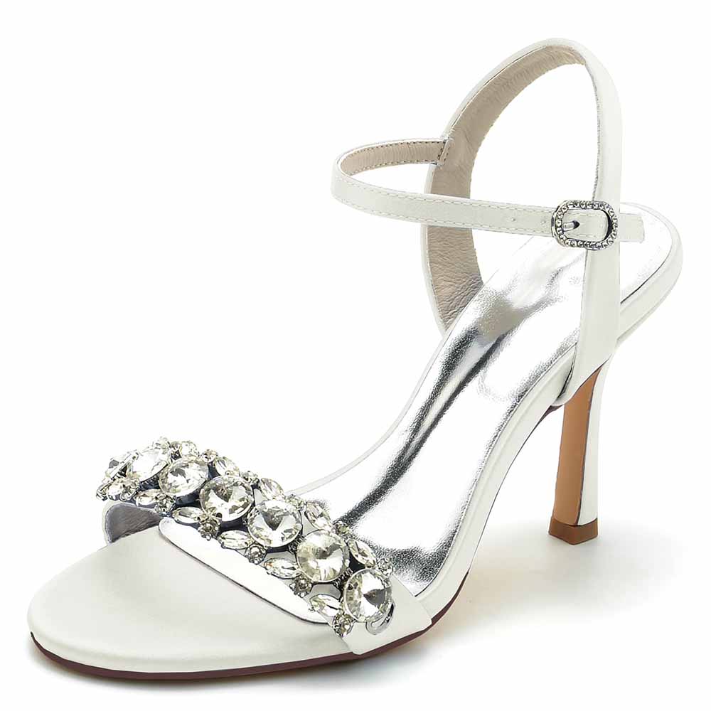 Elegant white rhinestone high heel sandals for women with ankle strap and sparkling detail