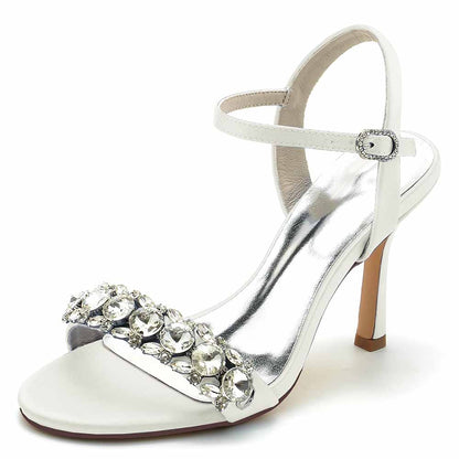 Elegant white rhinestone high heel sandals for women with ankle strap and sparkling detail