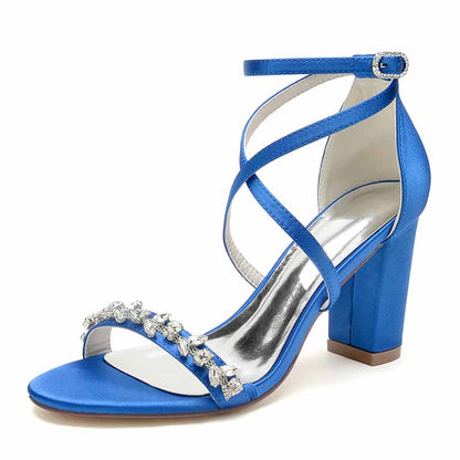 Blue Rhinestone High Heel Wedding Pumps with Stylish Crisscross Straps