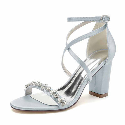 Silver rhinestone high heel wedding pumps in elegant blue with stylish ankle straps