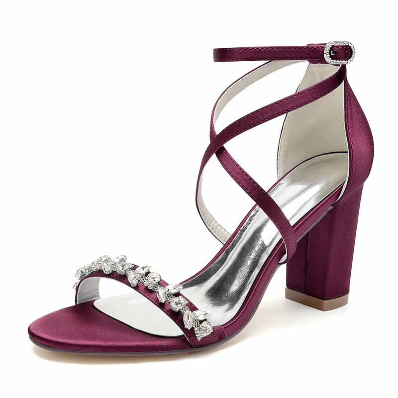 Wine Red Rhinestone high heel wedding pumps in burgundy with stylish crisscross straps and a chunky heel