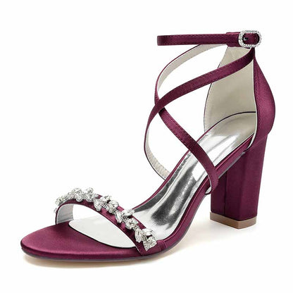 Wine Red Rhinestone high heel wedding pumps in burgundy with stylish crisscross straps and a chunky heel