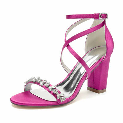 Pink S&DCo. rhinestone high heel wedding pumps with stylish ankle straps and embellished design