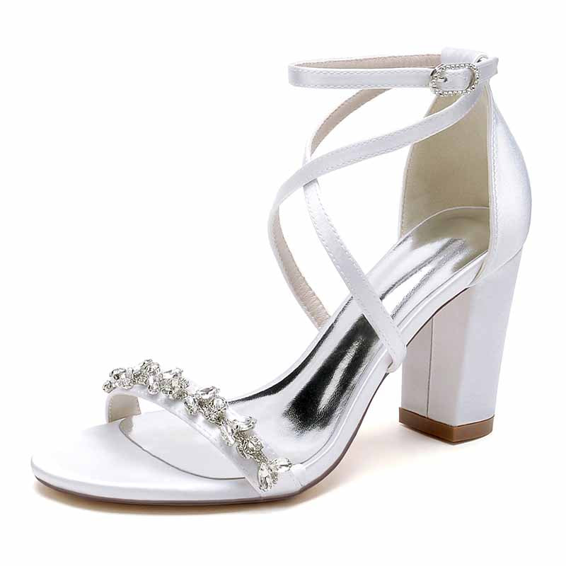 White Rhinestone high heel wedding pumps with elegant ankle strap and embellished design