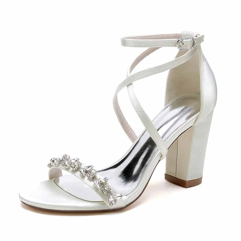 S&DCo. rhinestone high heel wedding pumps with elegant ankle straps and a stylish block heel