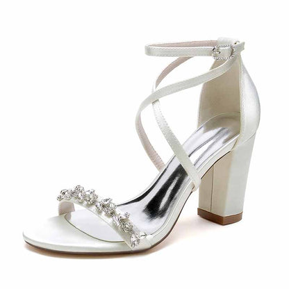S&DCo. rhinestone high heel wedding pumps with elegant ankle straps and a stylish block heel
