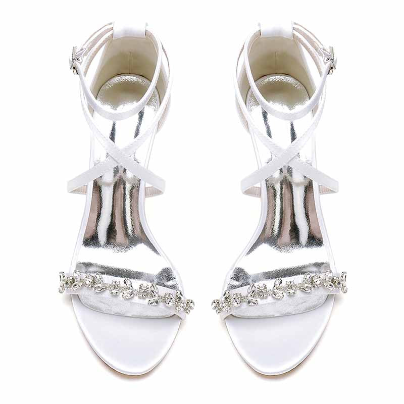 S&DCo. Rhinestone high heel wedding pumps with elegant cross-strap design and shimmering details