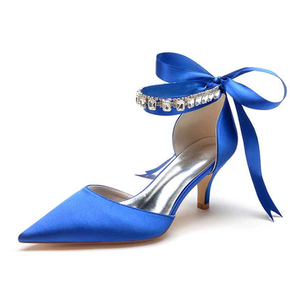 Elegant blue satin heels with rhinestones and ribbon for women, perfect rhinestone prom shoes for women