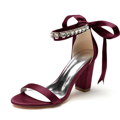 Burgundy satin heels with rhinestone detail and bow, perfect rhinestone prom shoes for women