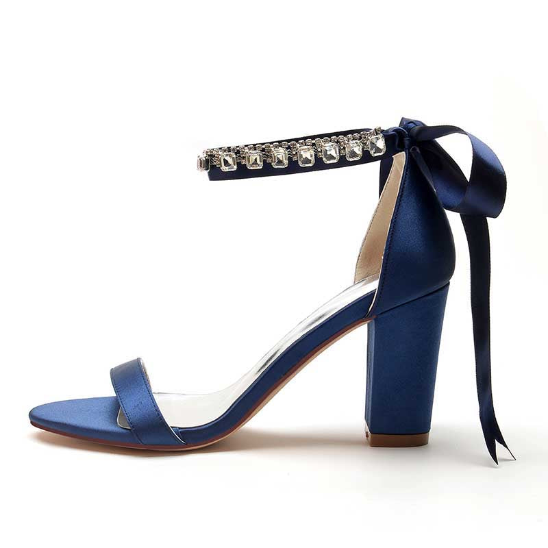 Navy blue rhinestone prom shoes for women with a stylish ankle strap and block heel
