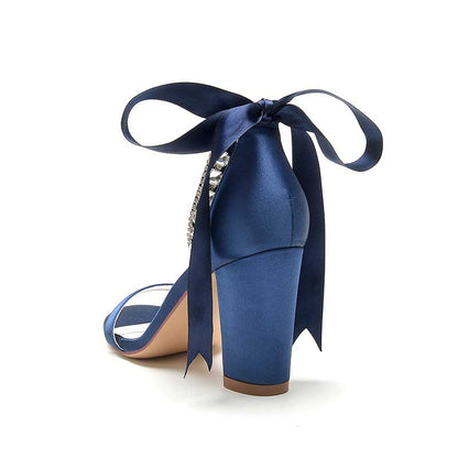 Blue satin heels with rhinestones and bow, perfect rhinestone prom shoes for women