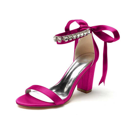 Pink satin heels with rhinestone embellishments and bow, perfect rhinestone prom shoes for women