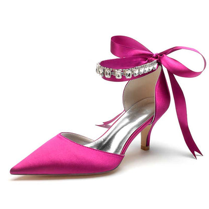 Pink satin heels with rhinestone detailing and ribbon strap, perfect rhinestone prom shoes for women