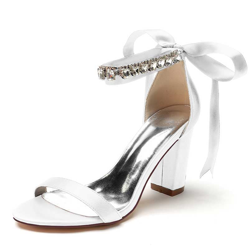 Elegant white rhinestone prom shoes for women with a stylish ankle tie and block heel