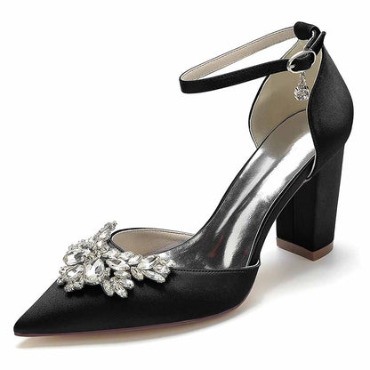 Stylish black rhinestone satin chunky heel shoes with an elegant ankle strap and decorative embellishments