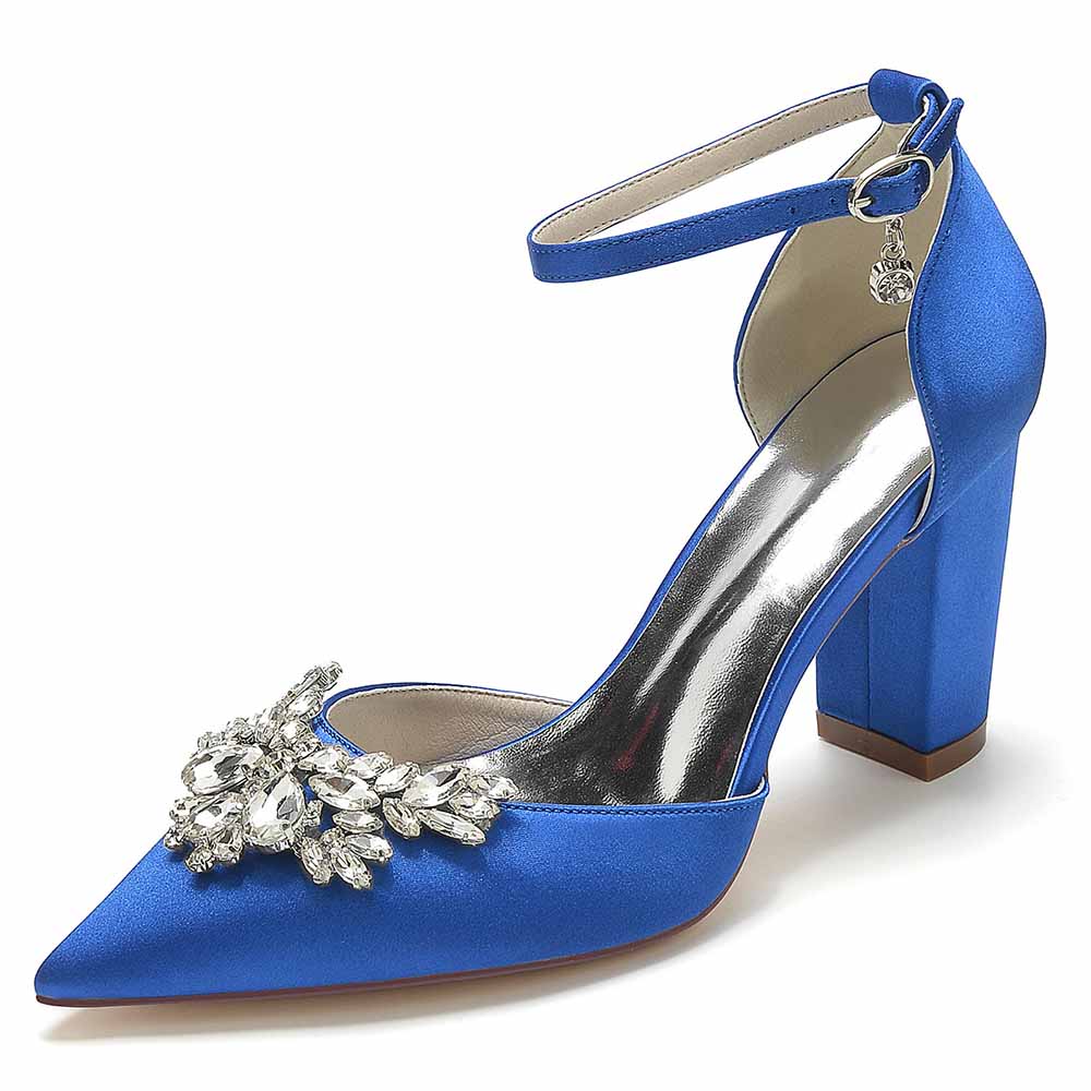 Rhinestone satin chunky heel shoes in blue with decorative embellishments for elegant style